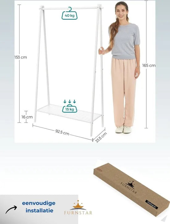FurnStar - Kledingrail - Kledingrek - Kledingrek met stalen frame - met ophangrail en plank - 33,5 x 92,5 x 153 cm - voor slaapkamer, kleedkamer, wasruimte - zwart – Wit