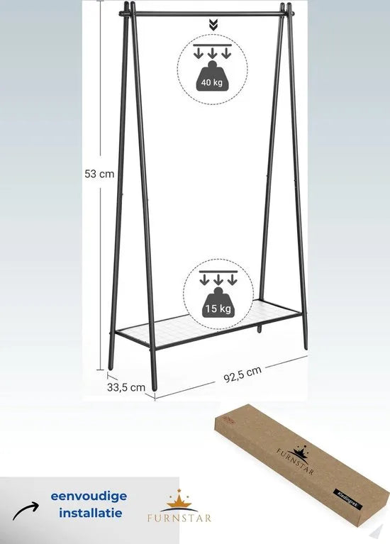 FurnStar - Kledingrail - Kledingrek - Kledingrek met stalen frame - met ophangrail en plank - 33,5 x 92,5 x 153 cm - voor slaapkamer, kleedkamer, wasruimte - zwart