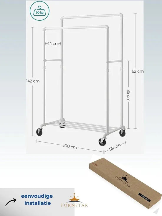 FurnStar - Kledingrek - Kapstok met dubbele 100 cm lange ophangrails - Metalen frame - met wielen en opbergplank - 2 zwenkwielen met rem - Maximale belasting van 90 kg - 59 x 100 x 162 cm - Wit