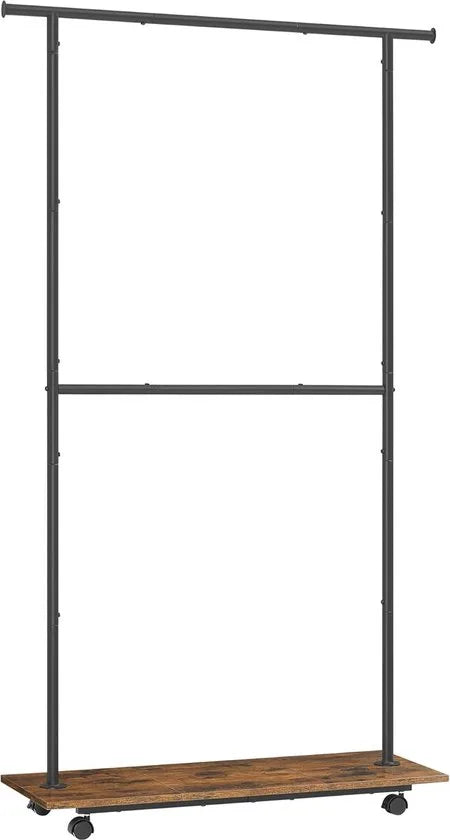 FurnStar - Kledingrek -Kledinghangers - Dubbele Kapstok Met Zwenkwielen En Plank - ‎35 x 98.5 x 18.3 cm - Rustiek Bruin En Inktzwart
