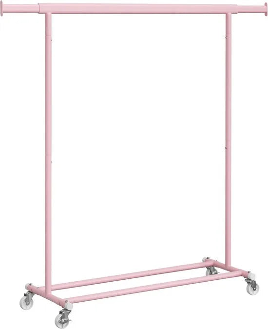 FurnStar - Kledingrek - Kledinghangers - Kledingrek op wieltjes - Kledingrek metaal - Kledingroede voor zwaar gebruik - Met uitschuifbare ophangrail - 90 kg draagvermogen - Eenvoudige montage - Draagb – Roze 132 x 45.4 x 160cm