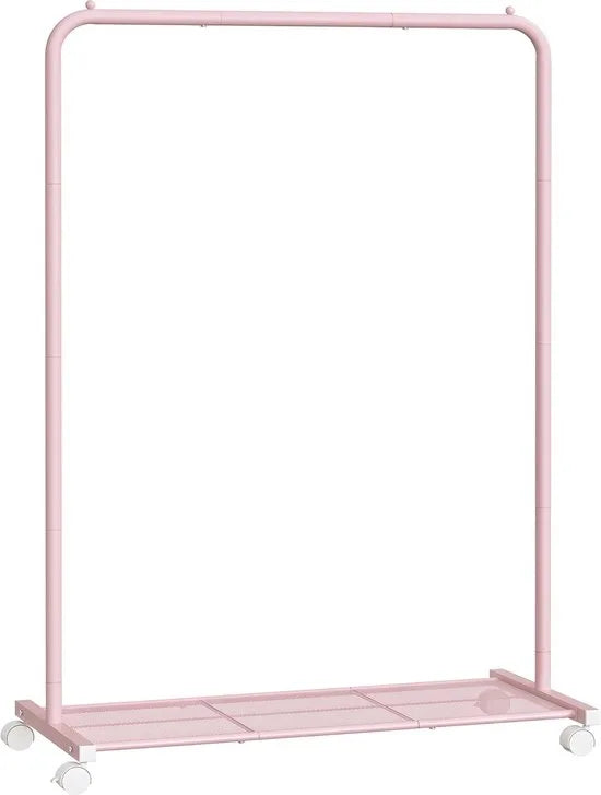 FurnStar - Kledingrek - kledinghangers - kledingrek op wieltjes - kledingrek metaal - 40 kg draagvermogen - met opbergplank - eenvoudige montage - draagbaar - 40.5 x 91 x 158 cm - Roze