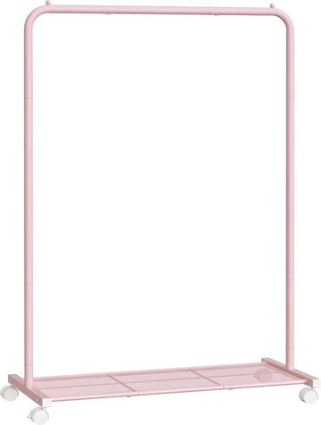 FurnStar - Kledingrek - kledinghangers - kledingrek op wieltjes - kledingrek metaal - 40 kg draagvermogen - met opbergplank - eenvoudige montage - draagbaar - 40.5 x 91 x 158 cm - Roze