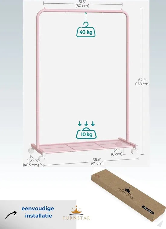 FurnStar - Kledingrek - kledinghangers - kledingrek op wieltjes - kledingrek metaal - 40 kg draagvermogen - met opbergplank - eenvoudige montage - draagbaar - 40.5 x 91 x 158 cm - Roze