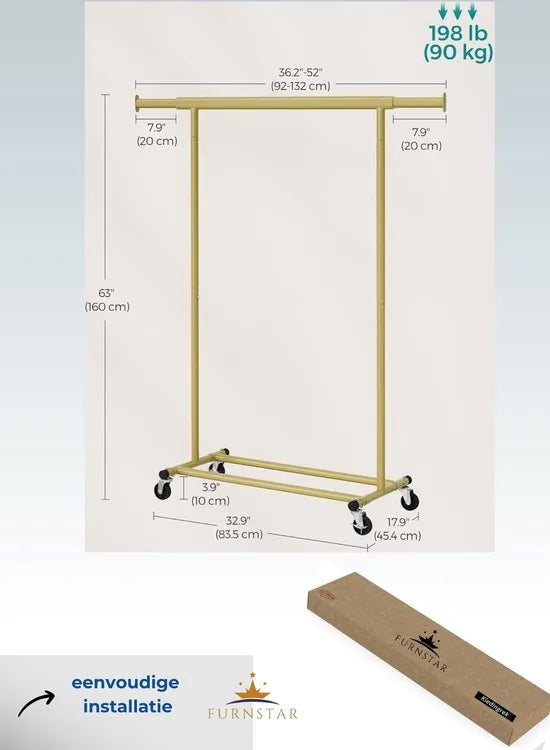 FurnStar - Kledingrek - Kledinghangers - Kledingrek op wieltjes - Kledingrek metaal - Kledingroede voor zwaar gebruik - Met uitschuifbare ophangrail - 90 kg draagvermogen - Eenvoudige montage - Draagb – Goud 132 x 45.4 x 160cm