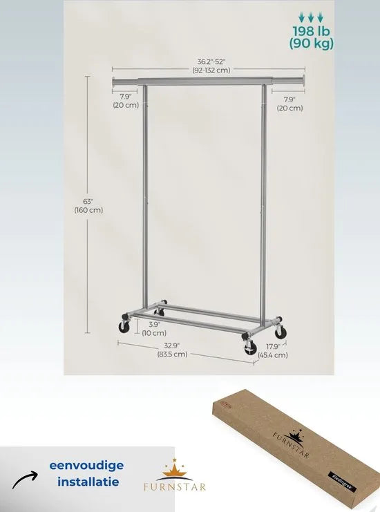 FurnStar - Kledingrek - Kledinghangers - Kledingrek op wieltjes - Kledingrek metaal - Kledingroede voor zwaar gebruik - Met uitschuifbare ophangrail - 90 kg draagvermogen - Eenvoudige montage - Draagb – Grijs 132 x 45.4 x 160cm