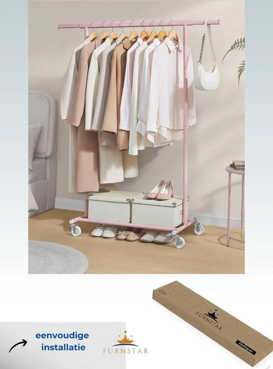 FurnStar - Kledingrek - Kledinghangers - Kledingrek op wieltjes - Kledingrek metaal - Kledingroede voor zwaar gebruik - Met uitschuifbare ophangrail - 90 kg draagvermogen - Eenvoudige montage - Draagb – Roze 132 x 45.4 x 160cm