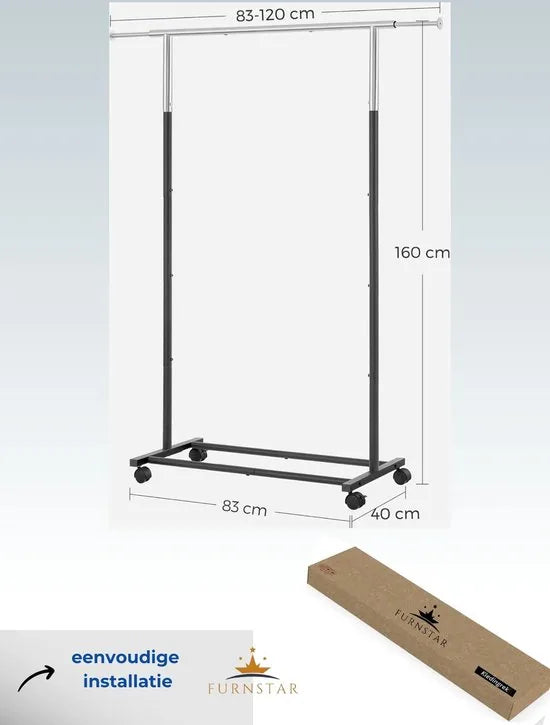 FurnStar - Kledingrek - Kledingrek op wielen - Met kledingstang - Draagvermogen tot 25 kg - In hoogte verstelbaar - Silver/Zwart