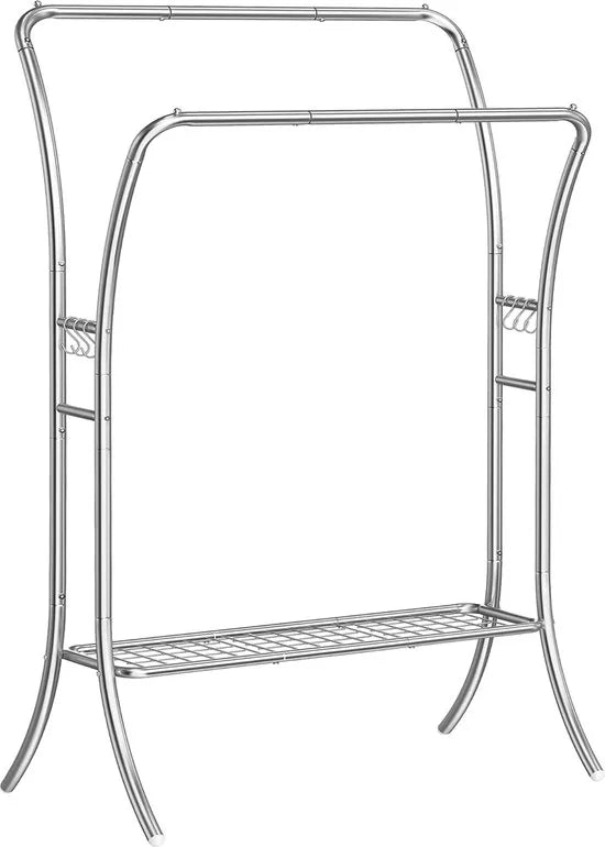 FurnStar - Kledingrek - kledingstang - 2 garderobestangen - kapstokken - garderobe van metaal - 6 haken - plank - kledingopslag voor slaapkamer - woonkamer - wit – Zilver