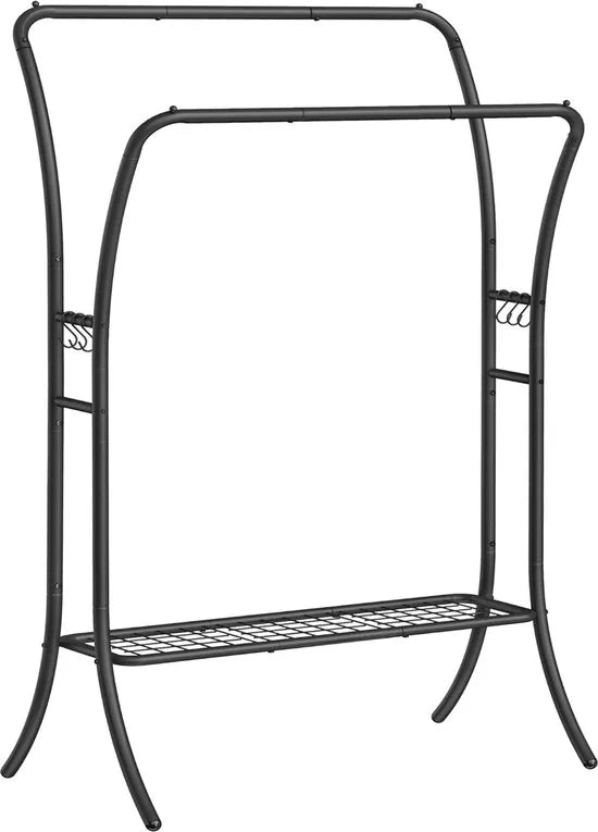 FurnStar - Kledingrek - kledingstang - 2 garderobestangen - kapstokken - garderobe van metaal - 6 haken - plank - kledingopslag voor slaapkamer - woonkamer - wit – Zwart