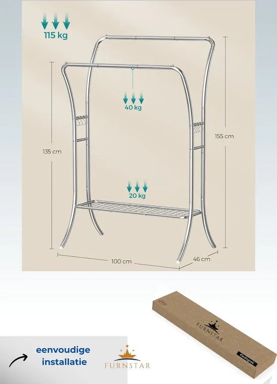FurnStar - Kledingrek - kledingstang - 2 garderobestangen - kapstokken - garderobe van metaal - 6 haken - plank - kledingopslag voor slaapkamer - woonkamer - zilver