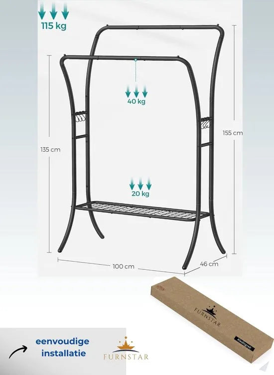FurnStar - Kledingrek - kledingstang - 2 garderobestangen - kapstokken - garderobe van metaal - 6 haken - plank - kledingopslag voor slaapkamer - woonkamer - wit – Zwart