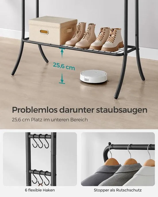 FurnStar - Kledingrek - kledingstang - 2 garderobestangen - kapstokken - garderobe van metaal - 6 haken - plank - kledingopslag voor slaapkamer - woonkamer - wit – Zwart
