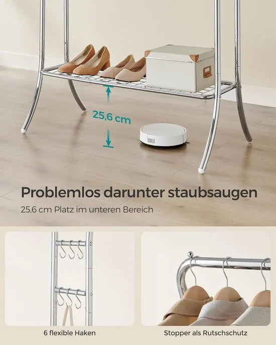 FurnStar - Kledingrek - kledingstang - 2 garderobestangen - kapstokken - garderobe van metaal - 6 haken - plank - kledingopslag voor slaapkamer - woonkamer - wit – Zilver