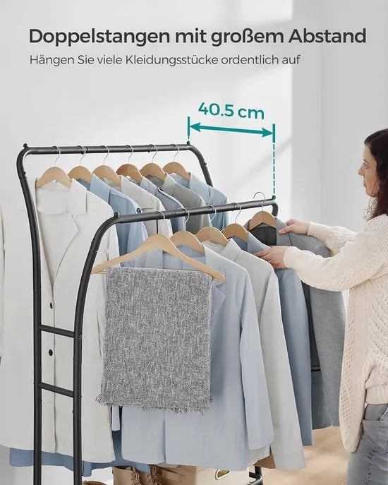 FurnStar - Kledingrek - kledingstang - 2 garderobestangen - kapstokken - garderobe van metaal - 6 haken - plank - kledingopslag voor slaapkamer - woonkamer - wit – Zwart