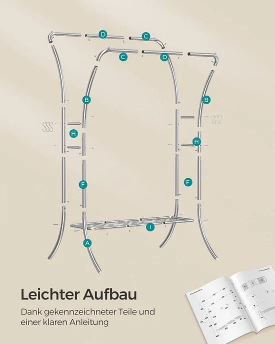 FurnStar - Kledingrek - kledingstang - 2 garderobestangen - kapstokken - garderobe van metaal - 6 haken - plank - kledingopslag voor slaapkamer - woonkamer - wit – Zilver