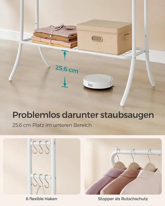 FurnStar - Kledingrek - kledingstang - 2 garderobestangen - kapstokken - garderobe van metaal - 6 haken - plank - kledingopslag voor slaapkamer - woonkamer - wit