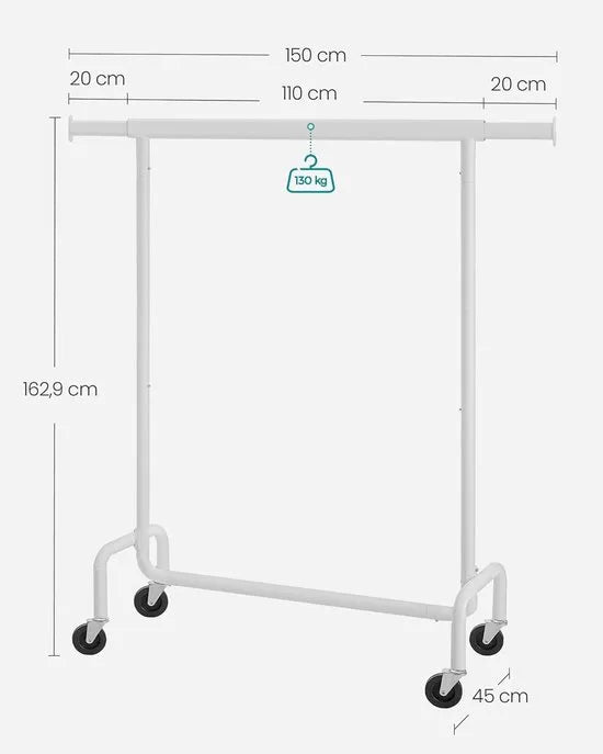 Furnstar Kledingrek op Wielen - Metaal - Verstelbaar - Garderobestand- Voor zware belasting - Uittrekbare kledingstang - Tot 130 kg belastbaar - Eenvoudige montage- Draagbaar - 45 x (110-150) x 162,9  – Matwit