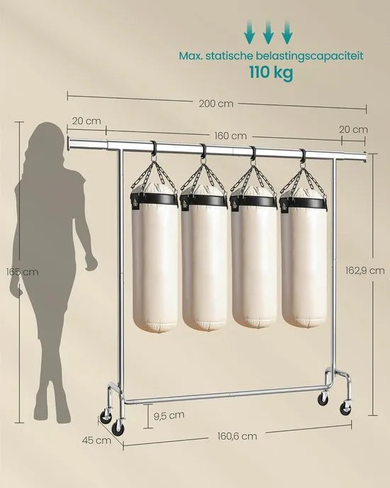 Furnstar Kledingrek op Wielen - Metaal - Verstelbaar - Garderobestand- Voor zware belasting - Uittrekbare kledingstang - Tot 110 kg belastbaar - Eenvoudige montage- Draagbaar - 45 x (160-200) x 162,9 cm - Van metaal -Verchroomd - Zilver