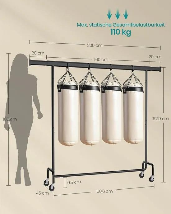 Furnstar Kledingrek op Wielen - Metaal - Verstelbaar - Garderobestand- Voor zware belasting - Uittrekbare kledingstang - Tot 110 kg belastbaar - Eenvoudige montage- Draagbaar - 45 x (160-200) x 162,9  – Zwart