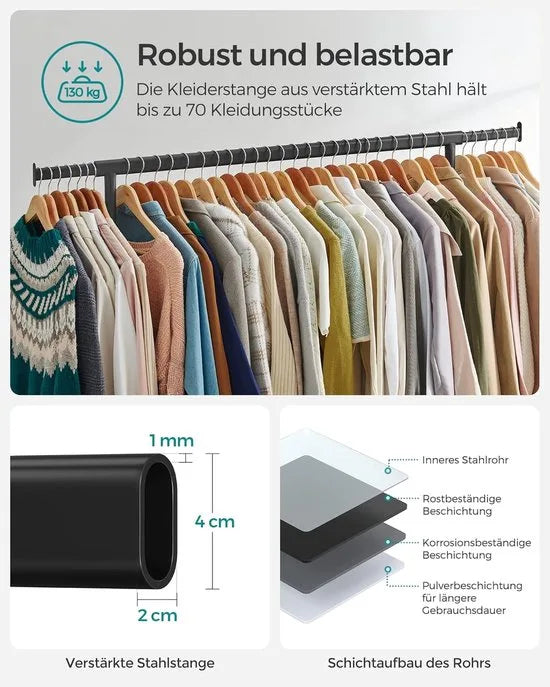 Furnstar Kledingrek op Wielen - Metaal - Verstelbaar - Garderobestand- Voor zware belasting - Uittrekbare kledingstang - Tot 130 kg belastbaar - Eenvoudige montage- Draagbaar - 45 x (110-150) x 162,9 cm, Van metaal- Verchroomd -Matzwart