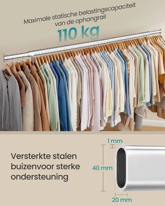 Furnstar Kledingrek op Wielen - Metaal - Verstelbaar - Garderobestand- Voor zware belasting - Uittrekbare kledingstang - Tot 110 kg belastbaar - Eenvoudige montage- Draagbaar - 45 x (160-200) x 162,9 cm - Van metaal -Verchroomd - Zilver