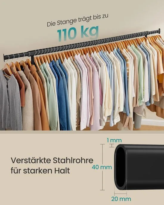 Furnstar Kledingrek op Wielen - Metaal - Verstelbaar - Garderobestand- Voor zware belasting - Uittrekbare kledingstang - Tot 110 kg belastbaar - Eenvoudige montage- Draagbaar - 45 x (160-200) x 162,9  – Zwart