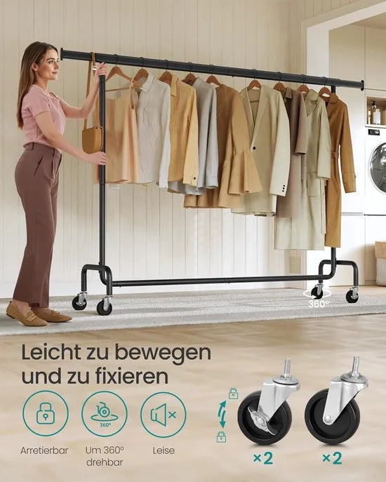 Furnstar Kledingrek op Wielen - Metaal - Verstelbaar - Garderobestand- Voor zware belasting - Uittrekbare kledingstang - Tot 110 kg belastbaar - Eenvoudige montage- Draagbaar - 45 x (160-200) x 162,9  – Zwart