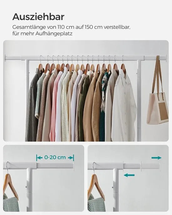 Furnstar Kledingrek op Wielen - Metaal - Verstelbaar - Garderobestand- Voor zware belasting - Uittrekbare kledingstang - Tot 130 kg belastbaar - Eenvoudige montage- Draagbaar - 45 x (110-150) x 162,9  – Matwit