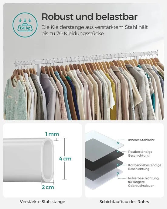 Furnstar Kledingrek op Wielen - Metaal - Verstelbaar - Garderobestand- Voor zware belasting - Uittrekbare kledingstang - Tot 130 kg belastbaar - Eenvoudige montage- Draagbaar - 45 x (110-150) x 162,9  – Matwit