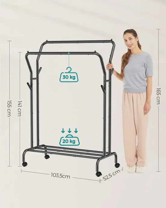 Furnstar Kledingrek op wieltjes - 2 Kledingstangen - Garderobestand - Kapstok van stalen buizen - Tot 100 kg belastbaar - 103.5 cm breed -Multifunctionele opslag - Zilver – Zwart
