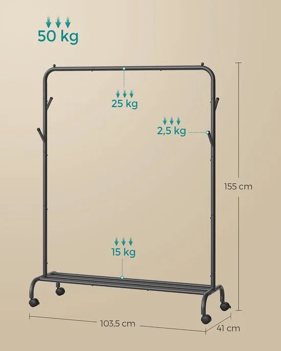 Furnstar Kledingrek op wieltjes - 2 Kledingstangen - Garderobestand - Kapstok van stalen buizen - 103.5 cm breed -Multifunctionele opslag - Inktwart