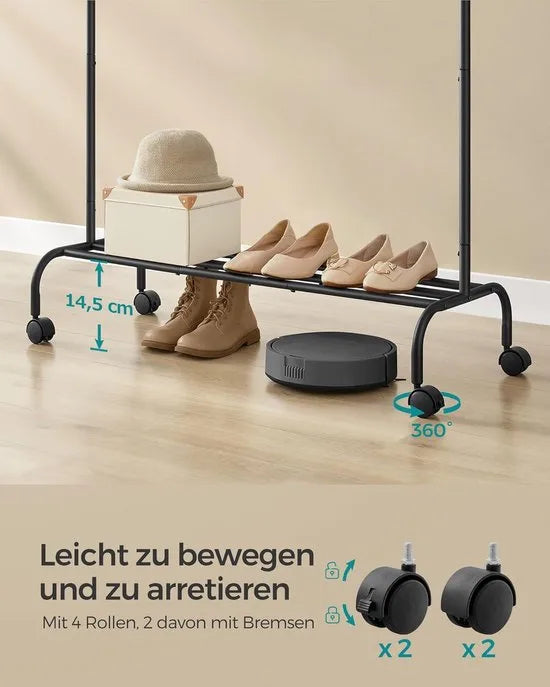 Furnstar Kledingrek op wieltjes - 2 Kledingstangen - Garderobestand - Kapstok van stalen buizen - 103.5 cm breed -Multifunctionele opslag - Inktwart