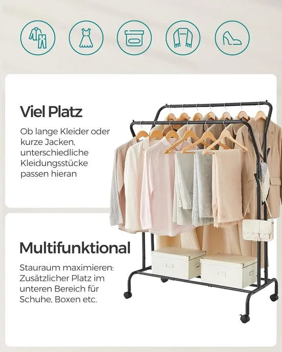 Furnstar Kledingrek op wieltjes - 2 Kledingstangen - Garderobestand - Kapstok van stalen buizen - Tot 100 kg belastbaar - 103.5 cm breed -Multifunctionele opslag - Zilver – Zwart