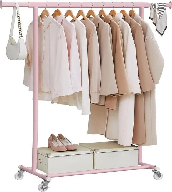 Furnstar Kledingrek op wieltjes heavy duty garderobestand uittrekbare kledingstang tot 100 kg belastbaar eenvoudige montage draagbaar lichtgoud – Pastelroze