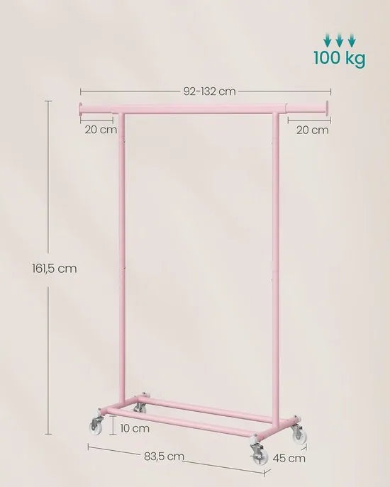 Furnstar Kledingrek op wieltjes heavy duty garderobestand uittrekbare kledingstang tot 100 kg belastbaar eenvoudige montage draagbaar lichtgoud – Pastelroze