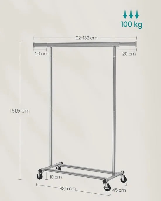 Furnstar Kledingrek op wieltjes heavy duty garderobestand uittrekbare kledingstang tot 100 kg belastbaar eenvoudige montage draagbaar lichtgoud – Duifgrijs