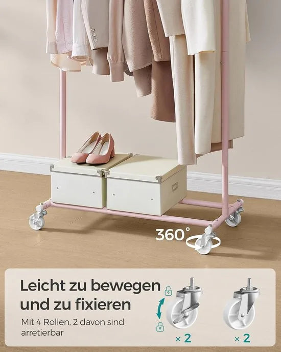 Furnstar Kledingrek op wieltjes heavy duty garderobestand uittrekbare kledingstang tot 100 kg belastbaar eenvoudige montage draagbaar lichtgoud – Pastelroze