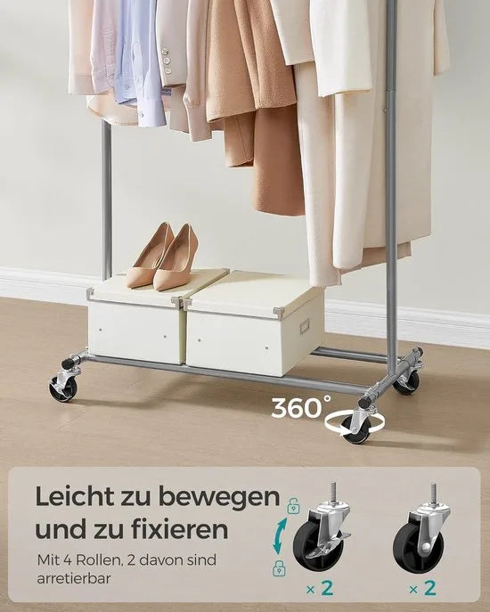 Furnstar Kledingrek op wieltjes heavy duty garderobestand uittrekbare kledingstang tot 100 kg belastbaar eenvoudige montage draagbaar lichtgoud – Duifgrijs