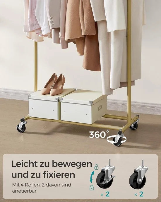 Furnstar Kledingrek op wieltjes heavy duty garderobestand uittrekbare kledingstang tot 100 kg belastbaar eenvoudige montage draagbaar lichtgoud