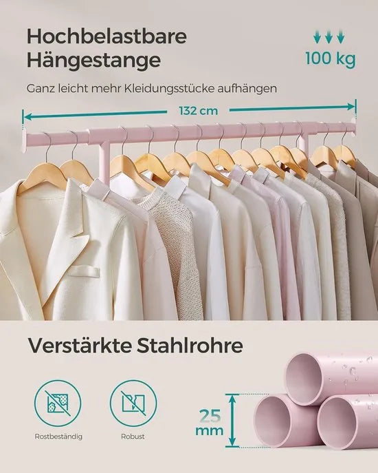 Furnstar Kledingrek op wieltjes heavy duty garderobestand uittrekbare kledingstang tot 100 kg belastbaar eenvoudige montage draagbaar lichtgoud – Pastelroze