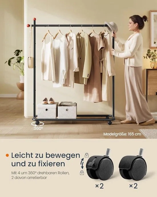 FurnStar Kledingrek op wieltjes - Kapstok - 155 x 103 x 39 cm - Metaal - Zwart