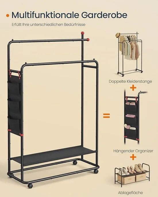 FurnStar Kledingrek op wieltjes - Kapstok - 155 x 103 x 39 cm - Metaal - Zwart – 189 x 103 x 50cm
