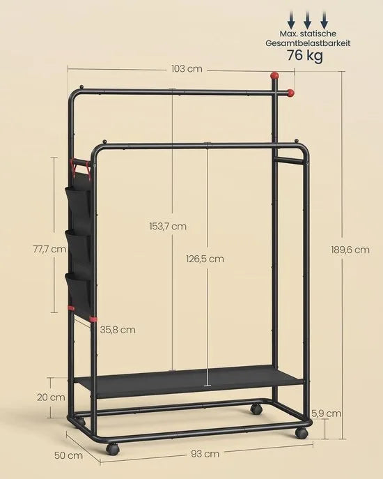 FurnStar Kledingrek op wieltjes - Kapstok - 155 x 103 x 39 cm - Metaal - Zwart – 189 x 103 x 50cm
