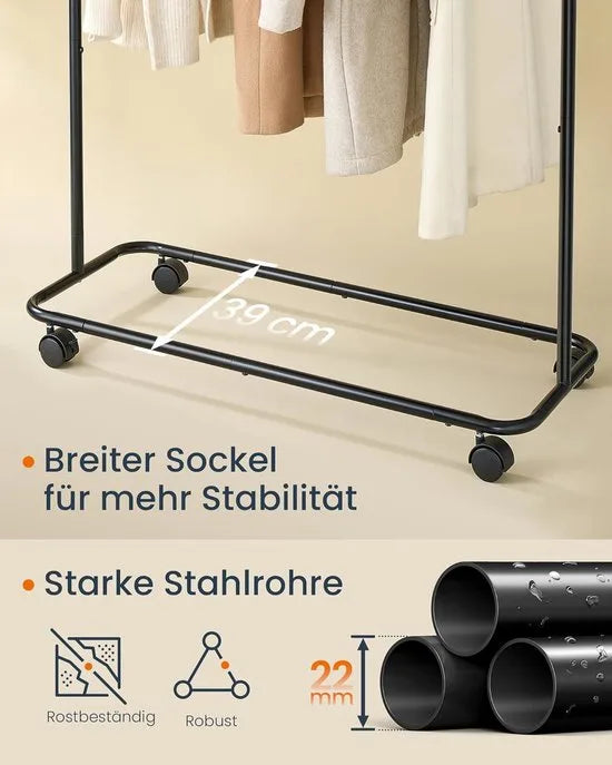 FurnStar Kledingrek op wieltjes - Kapstok - 155 x 103 x 39 cm - Metaal - Zwart – 189 x 103 x 50cm