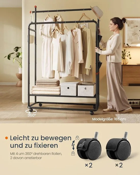 FurnStar Kledingrek op wieltjes - Kapstok - 155 x 103 x 39 cm - Metaal - Zwart – 189 x 103 x 50cm