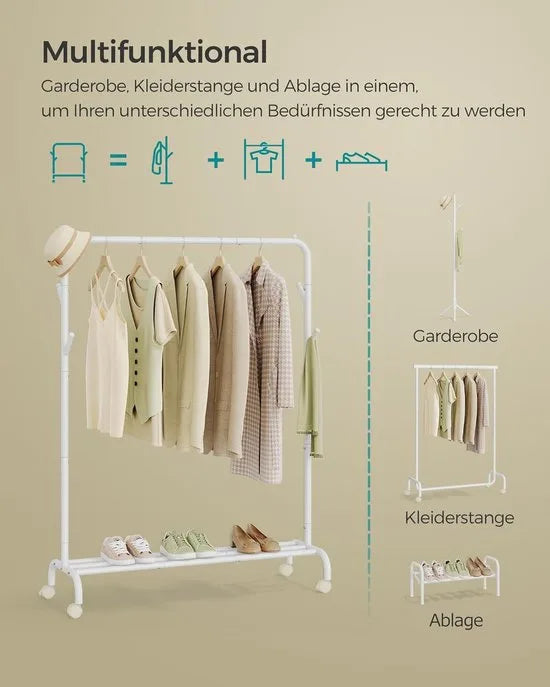 Furnstar Kledingrek op wieltjes kledingstang garderobestand kapstok van stalen buizen 103.5 cm breed multifunctionele opslag wolkenwit