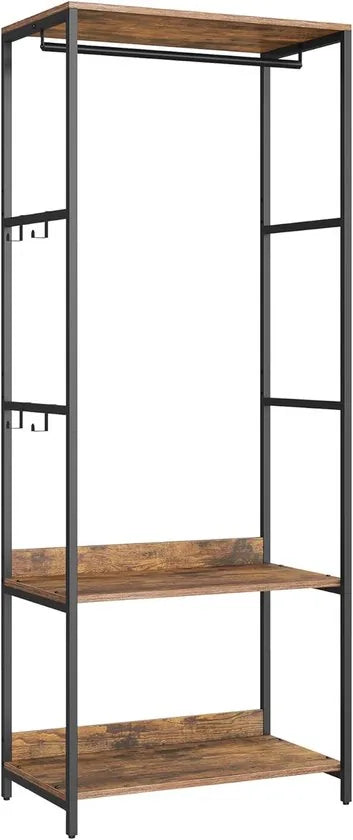 Furnstar Kledingrek -Open Garderobekast -Kledingstang -Garderobekast met Planken - Metalen Garderobekast Vrijstaand – Planken - Afneembare haken - 40 x 98 x 181 cm - Vintage bruin – 40 x 60 x 181cm