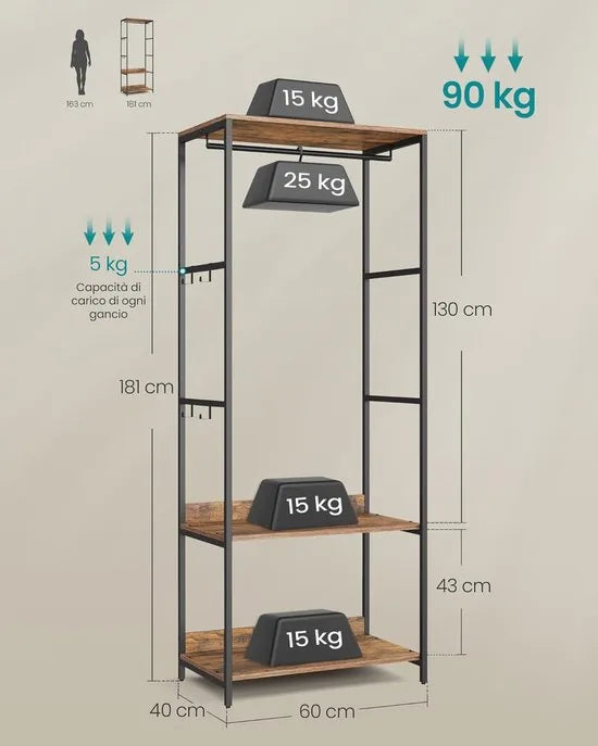 Furnstar Kledingrek -Open Garderobekast -Kledingstang -Garderobekast met Planken - Metalen Garderobekast Vrijstaand – Planken - Afneembare haken - 40 x 98 x 181 cm - Vintage bruin – 40 x 60 x 181cm