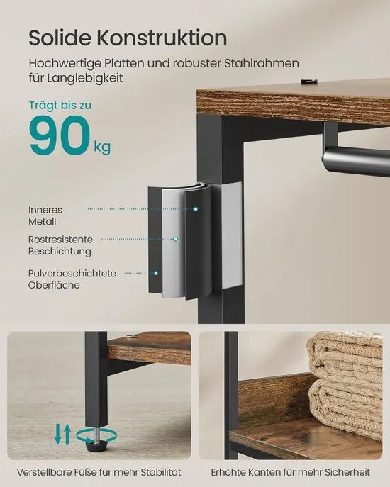 Furnstar Kledingrek -Open Garderobekast -Kledingstang -Garderobekast met Planken - Metalen Garderobekast Vrijstaand – Planken - Afneembare haken - 40 x 98 x 181 cm - Vintage bruin – 40 x 60 x 181cm